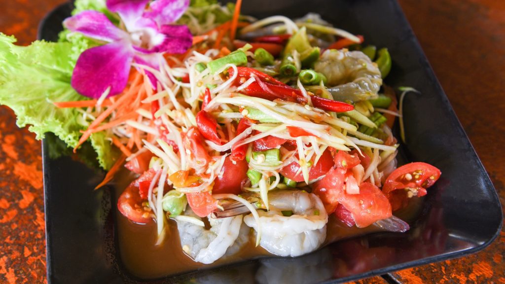 green mango & papaya salad with shrimp at the spice house, cassia cottage